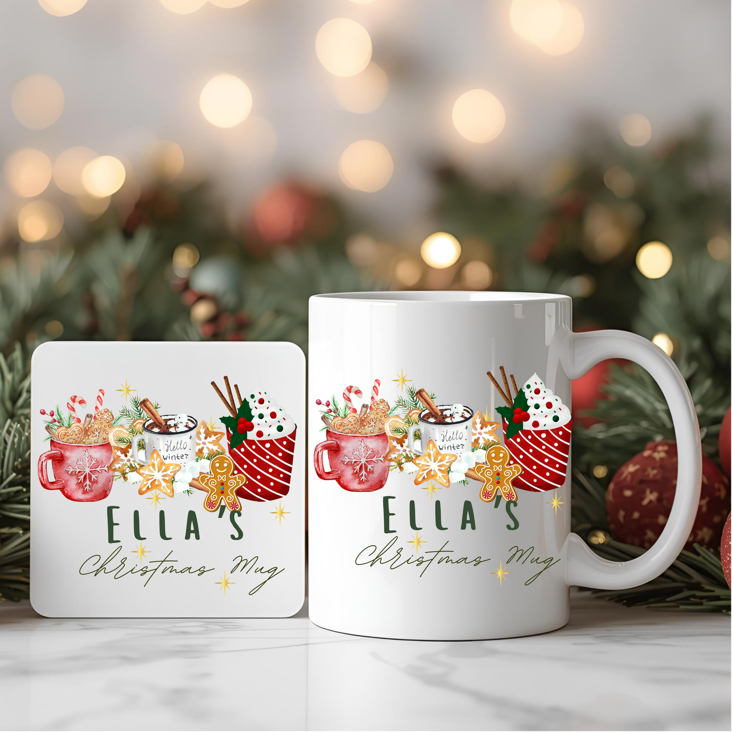 Personalised Mug / Coaster / Christmas Cosy winter Design Personalised .