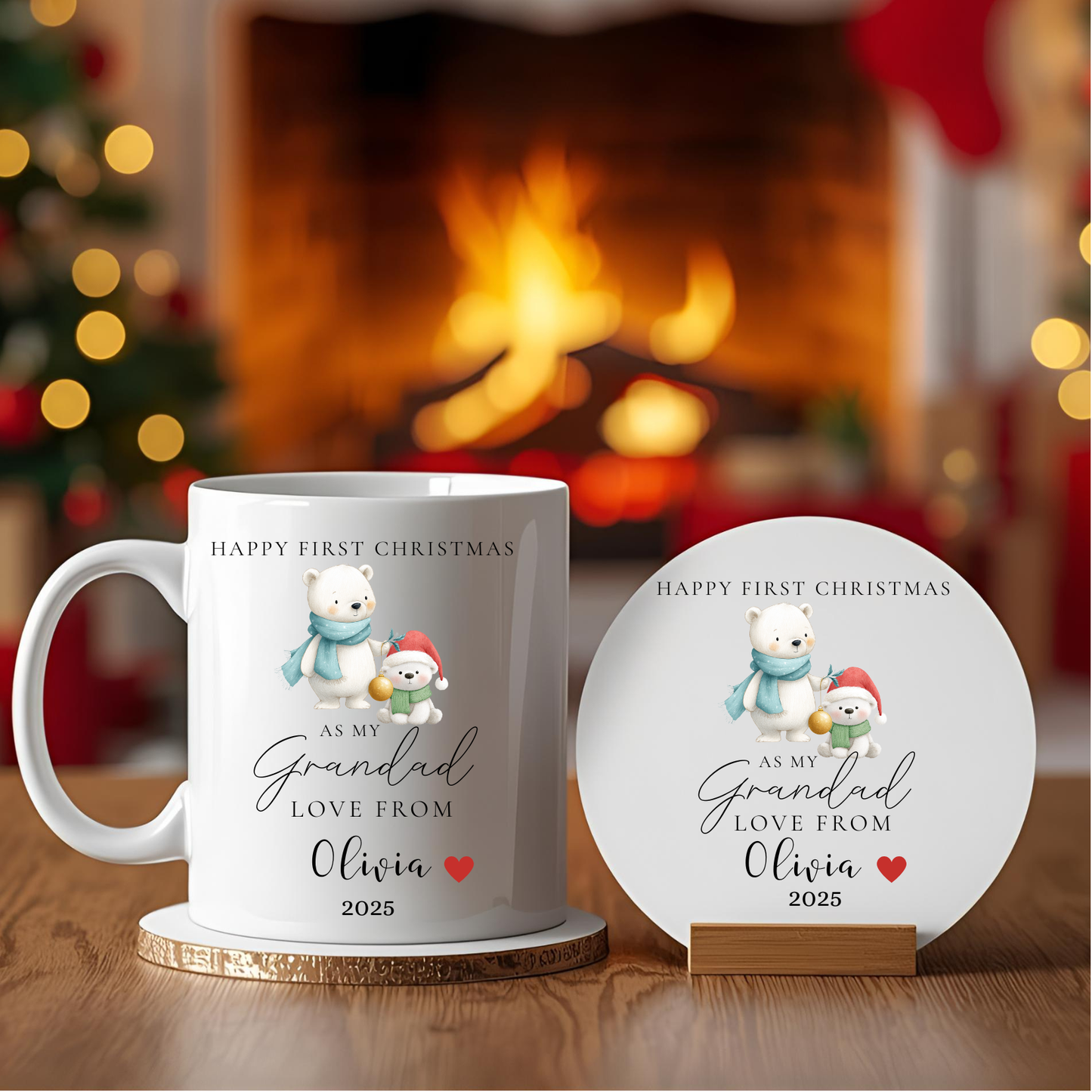 Personalised First Christmas As My Grandad Mug & Coaster Set, New Grandad Gift